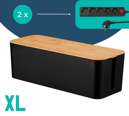 Kabelbox Schwarz mit Bambusabdeckung | XL