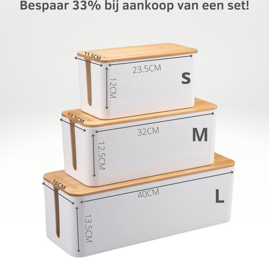 Kabelbox Wit met Bamboe cover | SET drie stuks | M-L en XL