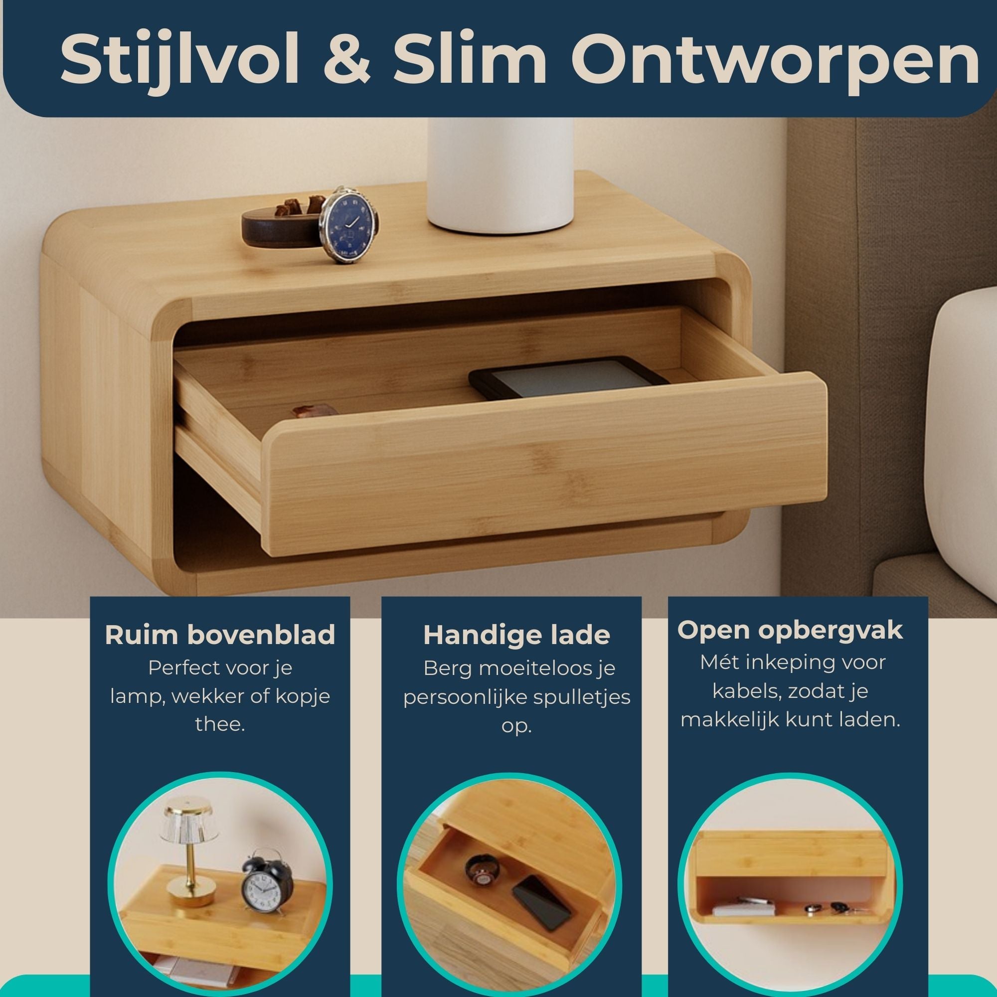 Bamboe Nachtkastjes set van 2 - Nachtkastje - Zwevend - Wand Nachtkastje met Lade