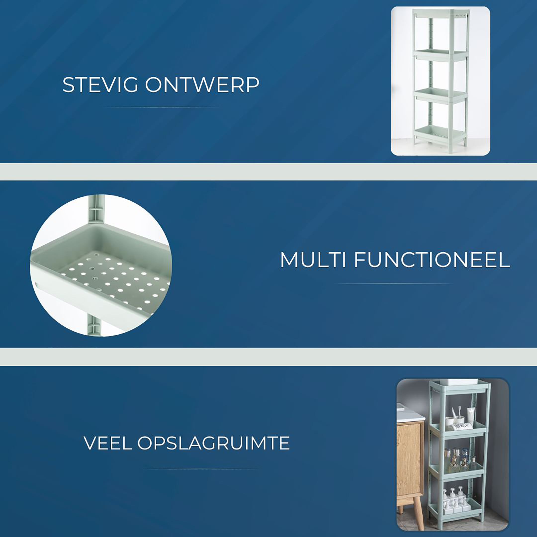 Badkamerrek - Opbergrek Kunststof - Keuken rekje - Badkamerkast 4 laags - Wandrek Staand - Soft green