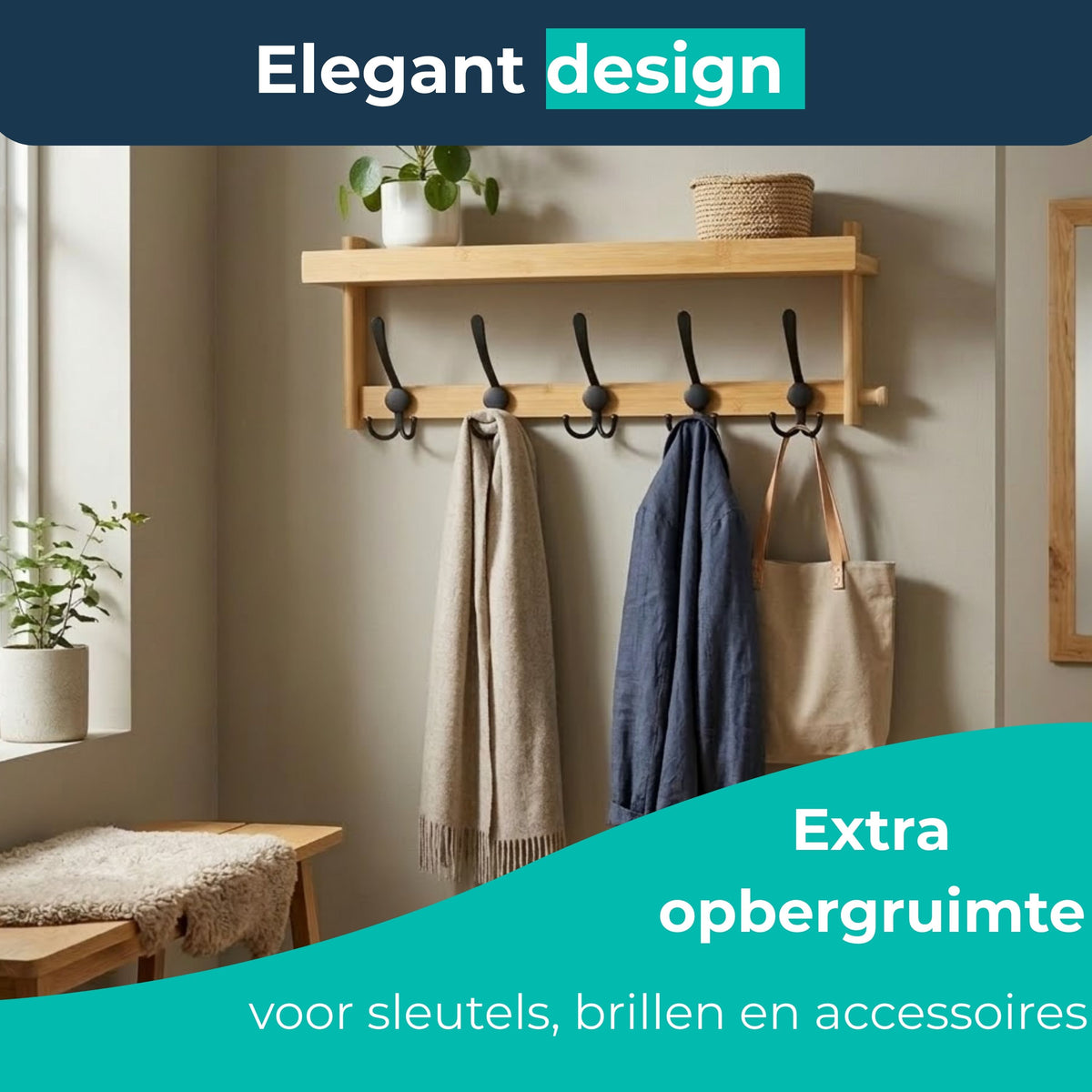Bambus-Wandgarderobe mit Ablage und elegantem Design, zusätzlicher Stauraum für Schlüssel, Brillen und Accessoires