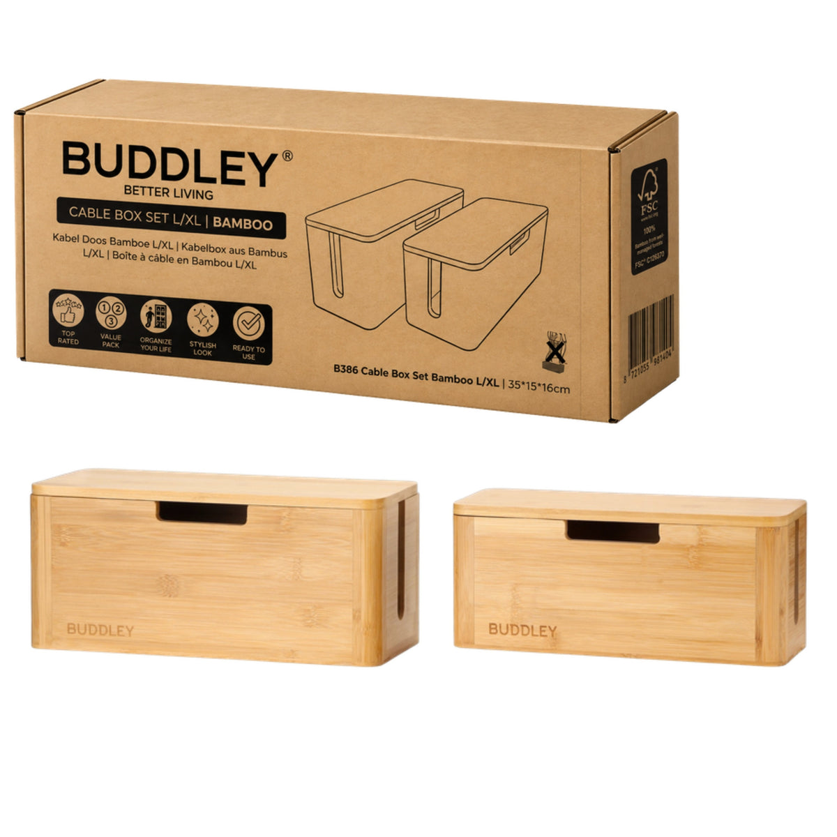 BUDDLEY Kabelbox set bamboe L en XL