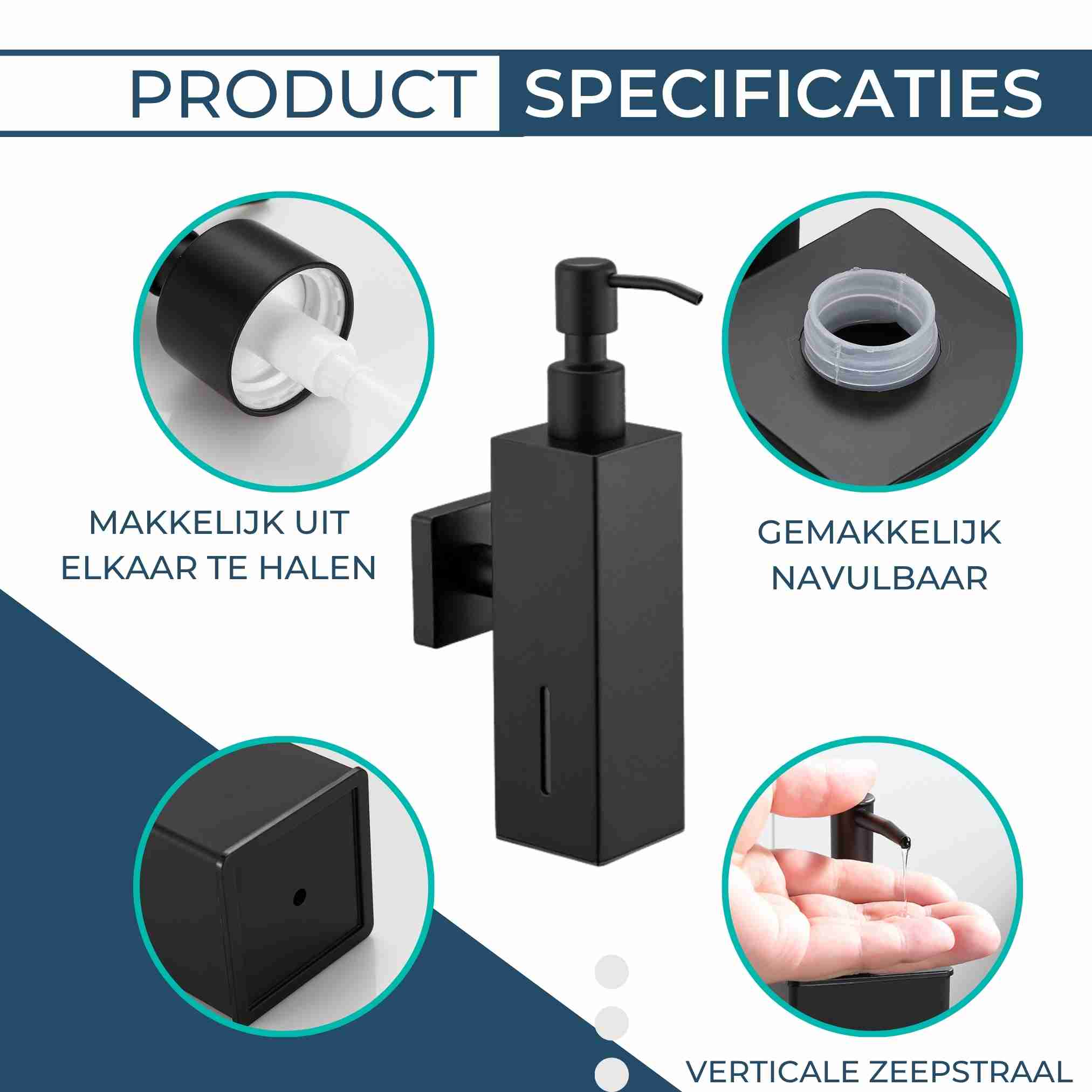 Wandmontage Zeepdispenser Zwart | Set van 2 stuks | Keuken, Badkamer & Toilet